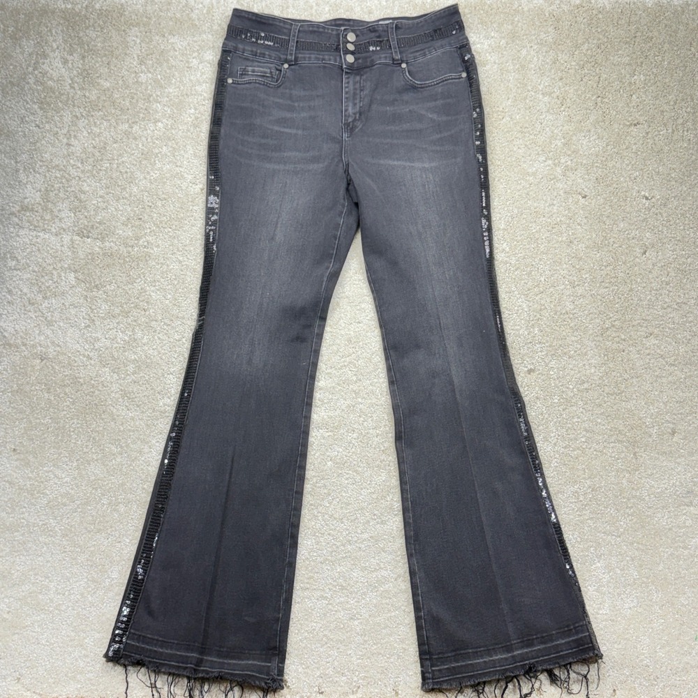 Rockin' C Flare Jeans‎ Women 34 Black Sequin Trim Raw Hem Western CV1173HS